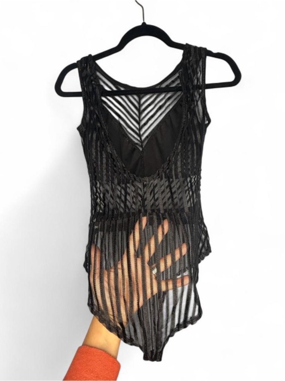 Women’s Black Sheer Stripe Lingerie bodysuit. Bottom closure. Size Large. - Picture 5 of 7